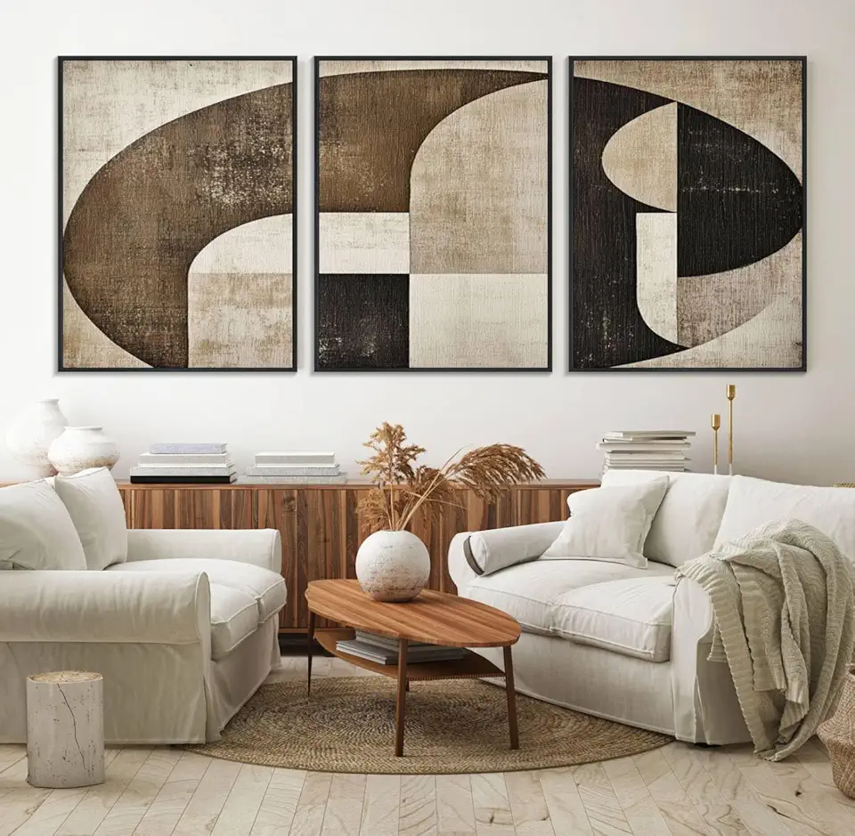 Wabi Sabi Abstract Wall Art | Geometric Modern Minimalist Canvas Print with Neutral Mid Century Art 3 Panel Floating Frame/Black / 90