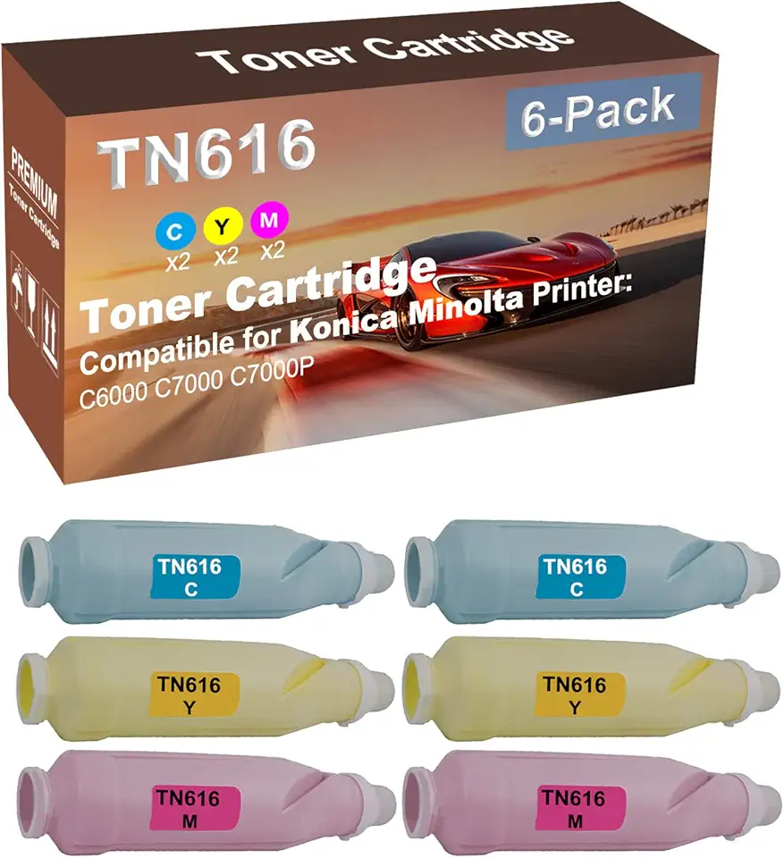 6-Pack (2C+2Y+2M) Compatible C6000, C7000, C7000P Printer Toner Cartridge High Capacity Replacement for Konica Minolta (TN616C+ TN616Y+ TN616M) TN616 Toner Cartridge