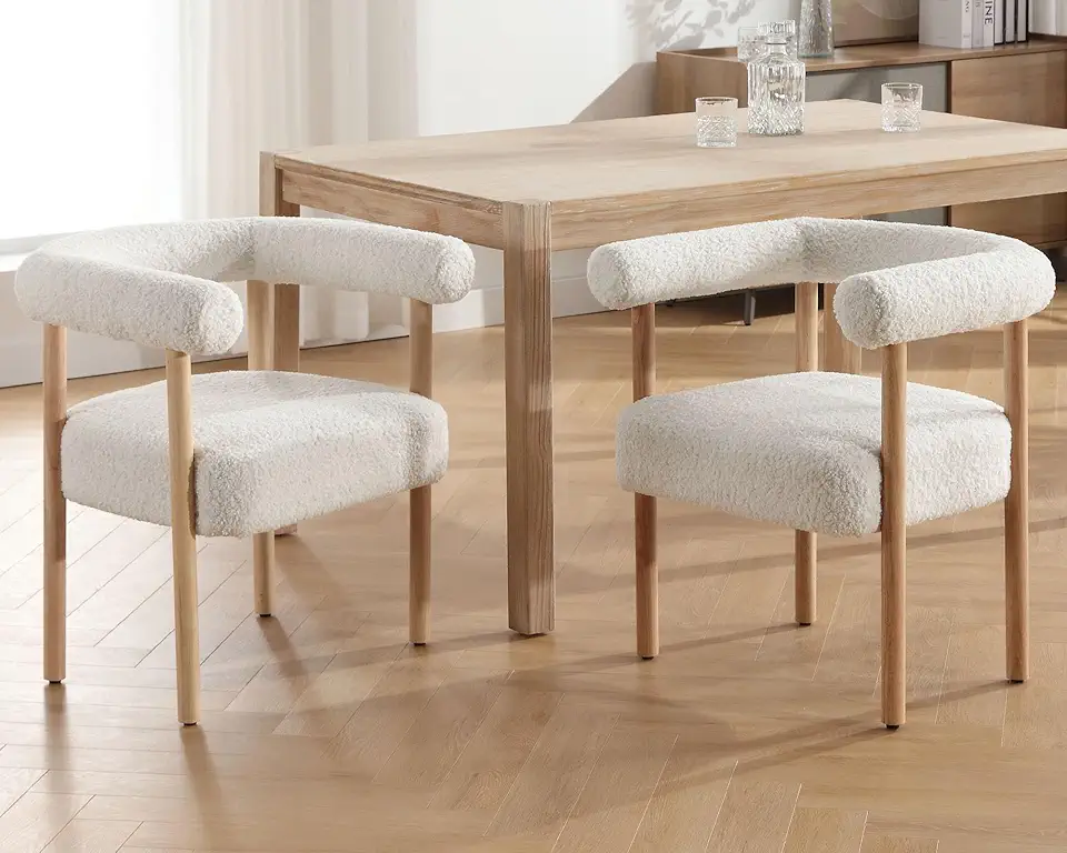 VESCASA Upholstered Dining Chairs with Natural Wood Legs, Sherpa Fleece Mid-Century Modern Dining Chairs with Curve Padded Open Back for Dining Room, Kitchen, Set of 2, White