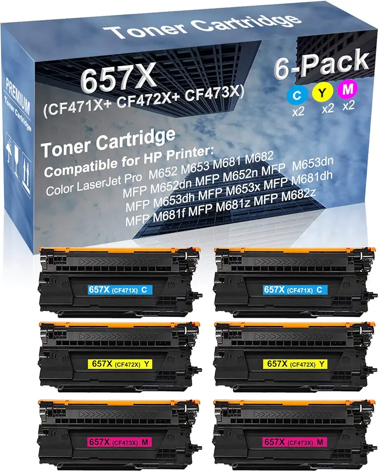 6-Pack (2C+2Y+2M) Compatible High Yield 657X (CF471X+ CF472X+ CF473X) Laser Printer Toner Cartridge use for MFP M681dh, MFP M681f, MFP M681z, MFP M682z Printer
