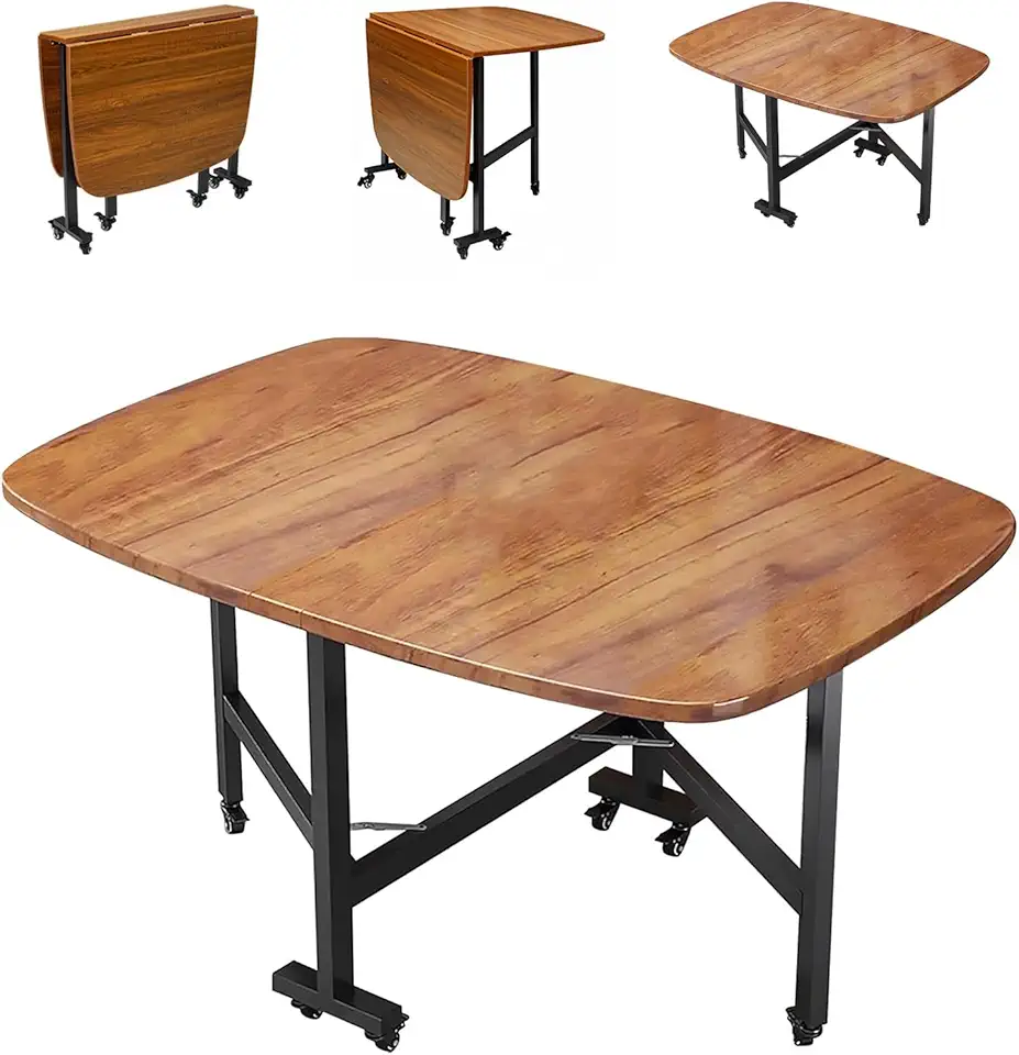 Drop Leaf Dining Table With 6 Wheels, Mobile Folding Dining Table, Carbon Steel Frame, Rounded Corners, Foldable In 3 Forms For Small Space Dining Room Kitchen, Home Use Folding Dining Table(Brown,100