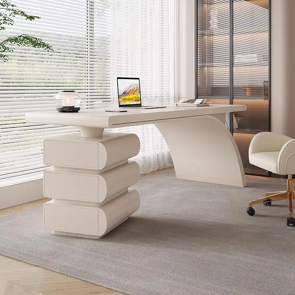 Cream Wind Wide Desktop Large Storage Space Modern Office Desk Round Corner Base Cabinet Craft Creative Design Mute Slide Home Office Desk