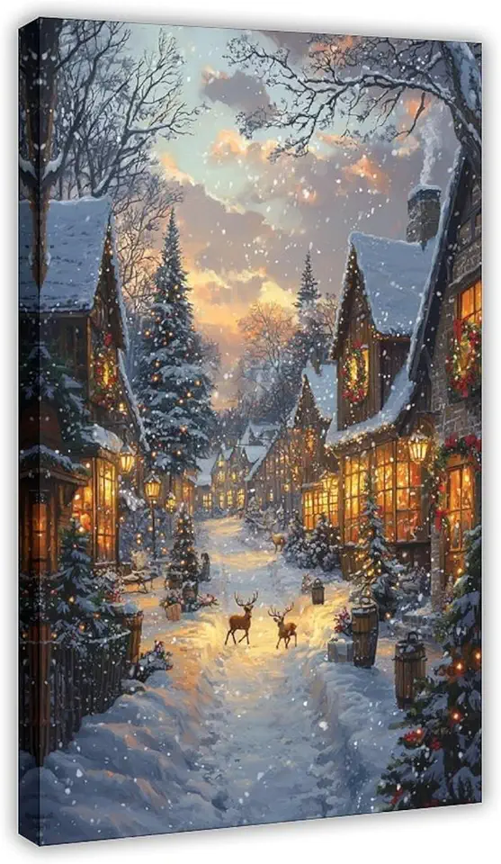 ZMLIS Cozy Holiday Print – Snowy Vintage Street, Warm Lights & Christmas Decor Canvas Poster Wall Art Decor Print Picture Paintings for Living Room Bedroom Decoration Frame 20x30inch