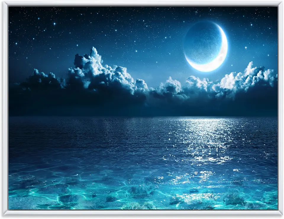Romantic Moon Over Deep Blue Sea I - Nautical & Coastal Framed Canvas Wall Art Print