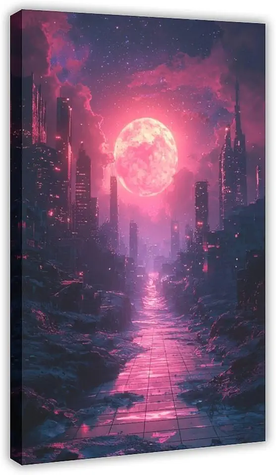 ZMLIS Synthwave Neon City Print – Retro Sci-Fi Digital Art – Modern Vibrant Wall Decoration Canvas Poster Wall Art Decor Print Picture Paintings for Living Room Bedroom Decoration 20x30inch(50x75cm)