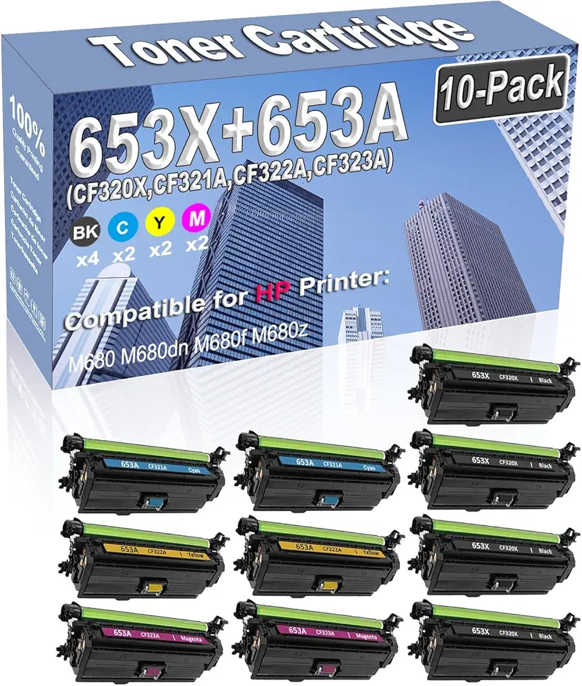 10-Pack (4BK/2C/2Y/2M) Compatible High Yield 653X 653A (CF320X CF321A CF322A CF323A) Imaging Toner Cartridge Replacement for HP M680 M680dn M680f M680z Printer
