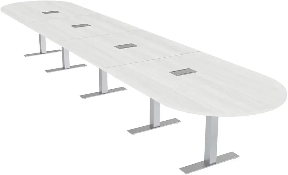 20 Person Racetrack Shaped Modular Conference Room Table with Power and Data | Brushed Silver Metal T-Base | Scratch-Resistant Surface | Harmony Series Modern Office Table | White Cypress – 20’