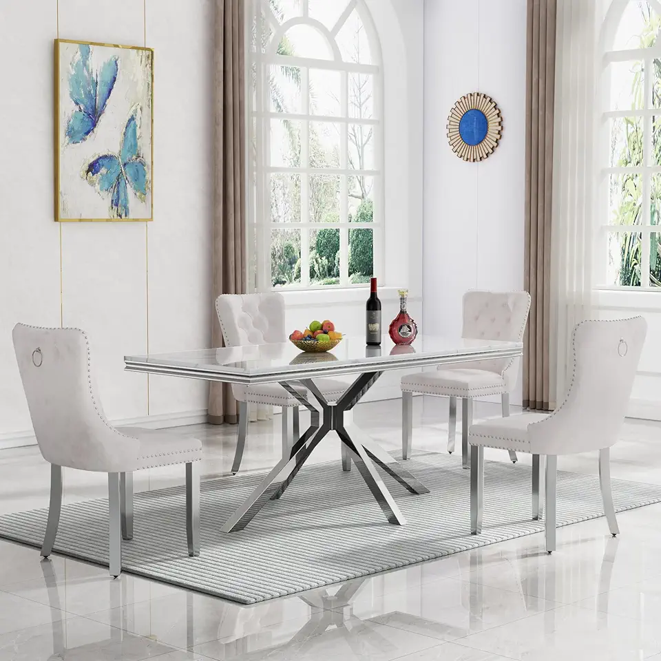 Pvillez Luxury Marble Dining Table Set for 4, White&Silver Kitchen Table & 4 Beige Velvet Dining Chairs with Stainless Steel Pedestal, 70