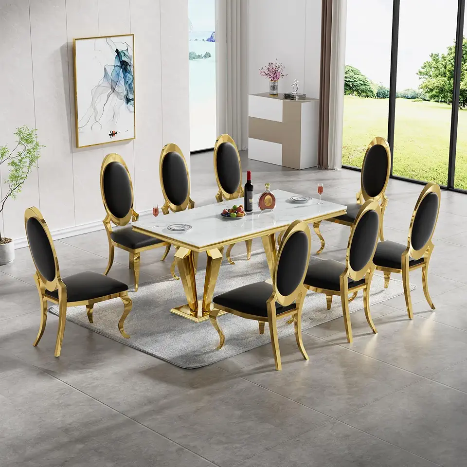 Henf 9 Piece Marble Dining Table Set for 8, Modern Gold Kitchen Table and Chairs for 8, Dining Room Table Set with 70