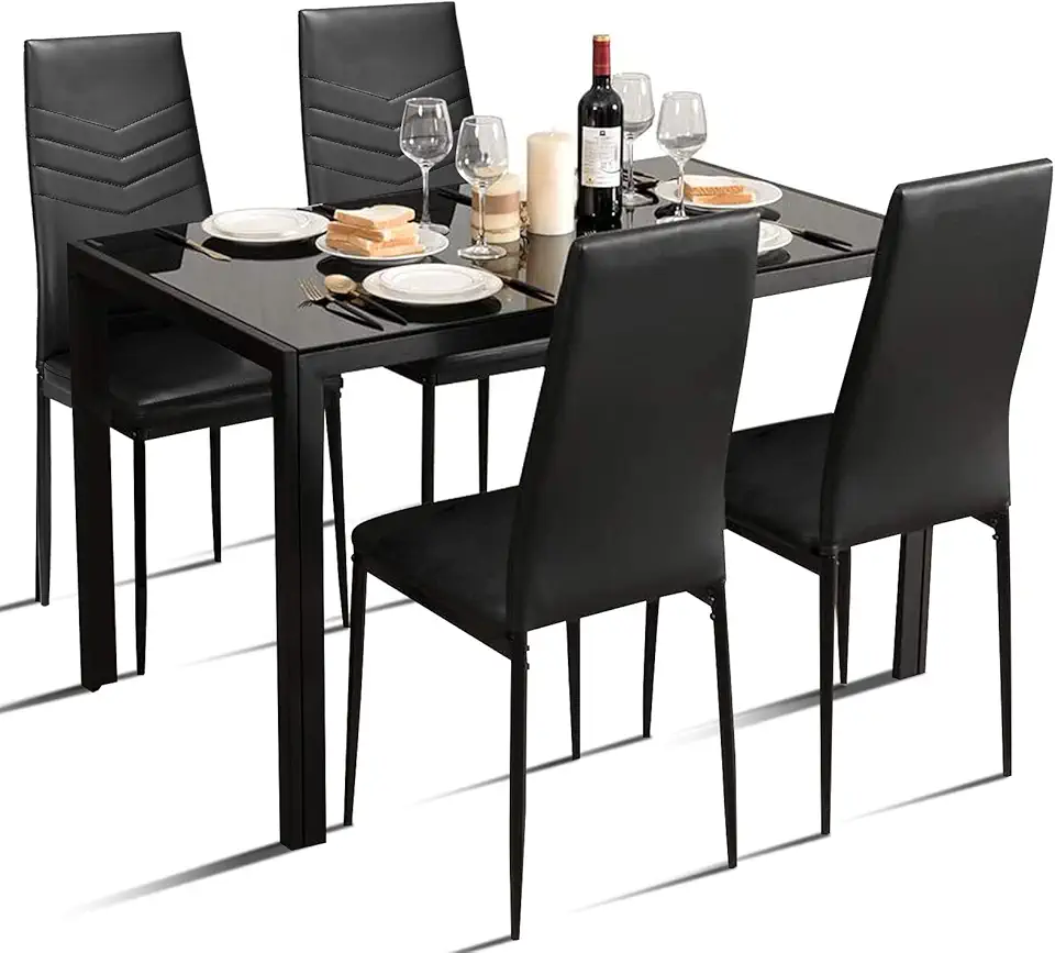 Giantex 5 Pcs Dining Table Set for 4, Modern Glass Tabletop Kitchen Table and Chairs, Rectangular Metal Frame Table with Leather Padded 4 Seats for Small Spaces Apartment (Broken line Pattern)