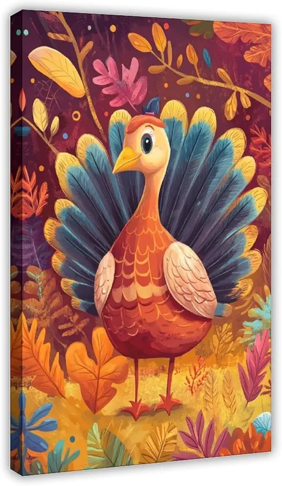 Fun Thanksgiving Wall Print, Cartoon Harvest Scene with Turkey And Autumn Leaves, Festive Decor Canvas Poster Wall Art Decor Print Picture Paintings for Living Room Bedroom Decoration 20x30inch(50x75c