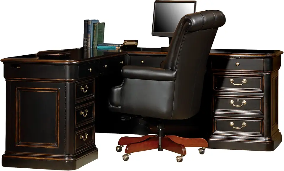 Hekman Furniture Louis Philippe L-Shaped Executive Desk – Solid Wood Office Desk with Drawers, Keyboard Tray, File Storage & Wire Management Classic L Shape Computer Desk for Home & Office
