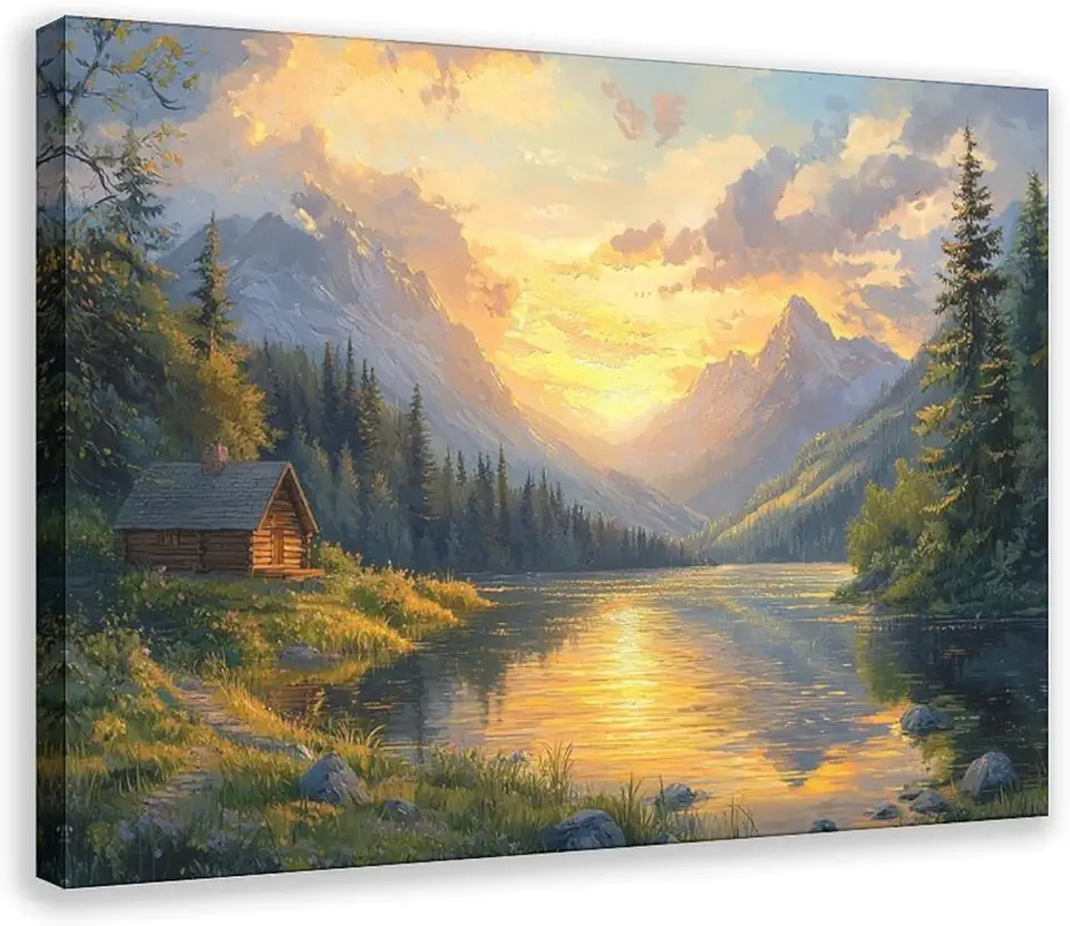 Valley Sunset Landscape Wall Decor – Serene Lake And Mountain Canvas Painting – Rustic Nature Artwork for Bedroom & Living Room Canvas Poster Wall Art Decor Print Picture Paintings for Living Room Bed