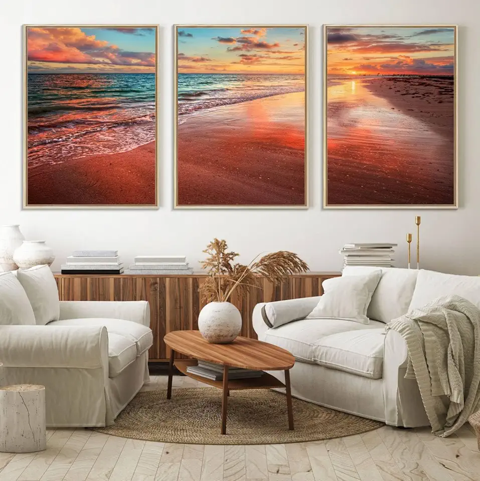 Vibrant Sunset Beach Canvas Print, Ocean Waves and Sandy Shoreline, Tropical Beach Wall Art for Coastal Home Decor 3 Panel Floating Frame/Natural / 90