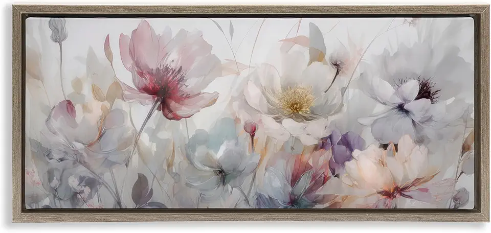 Stupell Industries Muted Grey Toned Flowers Brown Framed Floater Canvas Wall Art Design by Irene Weisz, 31 x 14