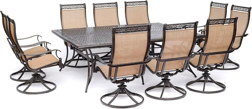 Hanover Manor 11-Piece Outdoor Dining Set with 10 Comfortable Swivel Rockers and an Extra-Large 60