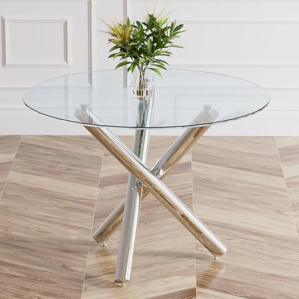 yeag 39 Inch Round Glass Dining Table for 4, Modern Dining Table with Clear Tempered Glass Tabletop & 3 Round Silver Table Legs, Glass Kitchen Table for Kitchen Dining Room Living Room Office