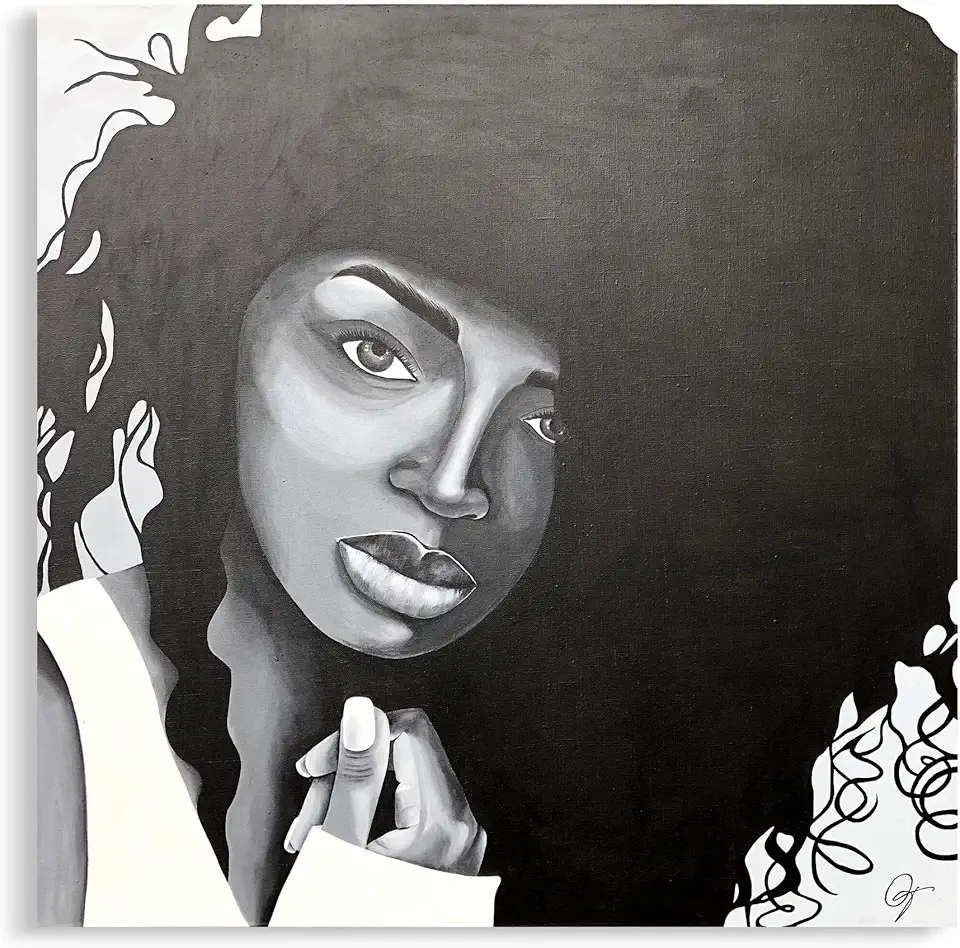 32 x 32 Inch | Monochrome Whispers | Acrylic | Pop-art portrait of an African woman Original Handmade Modern Abstract Oil Canvas Painting Wall Artwork