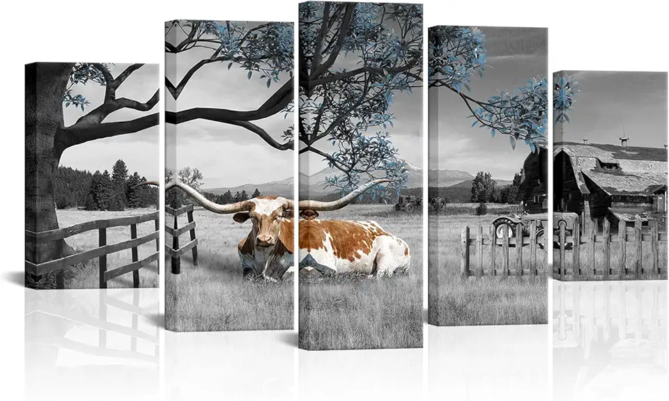 Sponsored Ad - iKNOW FOTO Black and Blue 5 Panel Cow Countryside Canvas Art - Rustic Farm Picture with Barn Truck, Rural Landscape Wall Decor for Farmhouse, Bedroom, Living Room, Office