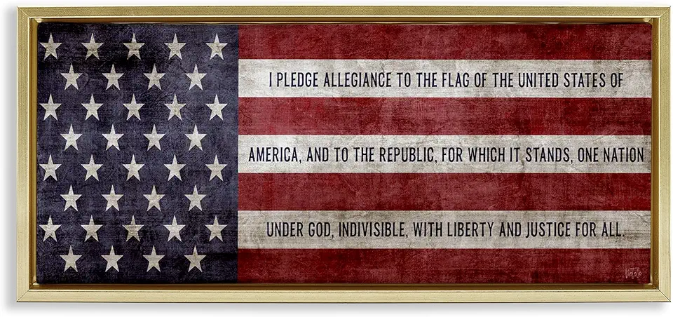 Stupell Industries Pledge Of Allegiance Flag Gold Framed Floater Canvas Wall Art Design by Natalie Carpentieri, 31 x 14