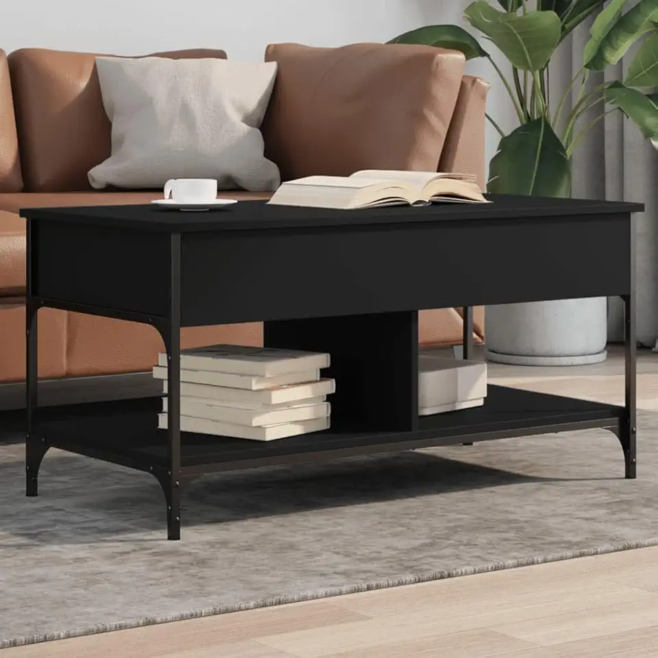 Coffee Table Black Engineered Wood and Metal Standard Dining Table end Tables Living Room Coffee Tables for Living Room for Office Bedroom