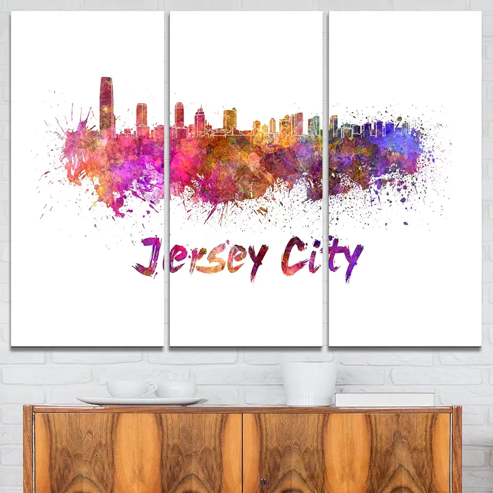 Designart Jersey City Skyline-Cityscape Glossy Metal Wall Art, 36 x 28 in-3 Panels, Purple/Yellow/Red/Pink