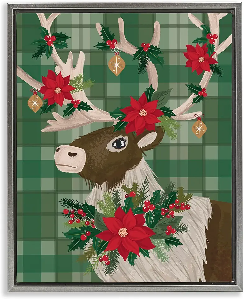 Stupell Industries Festive Deer with Poinsettia Gray Framed Floater Canvas Wall Art Design by Lisa Perry Whitebutton, 17 x 21
