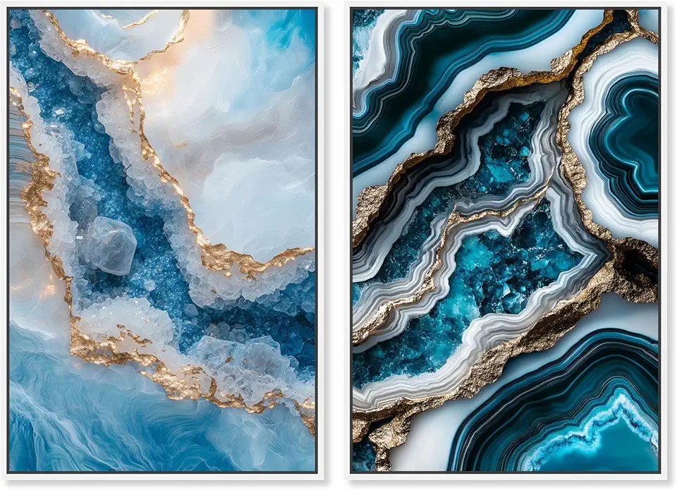 Art Remedy Golden Geode Luxe Set Canvas Blue Wall Art, White Frame, 36 x 54