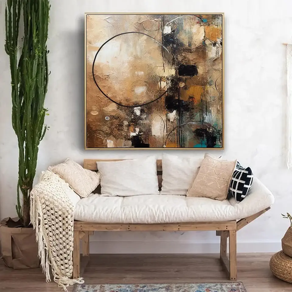 Brown Oil Painting,Black Abstract Wall Art,Living Room Wall Decor,Texture Wall Art,Housewarming Gift,MInimalist Art,Line Art,Unstretched,Frameless,(183X183cm) 72X72Inches