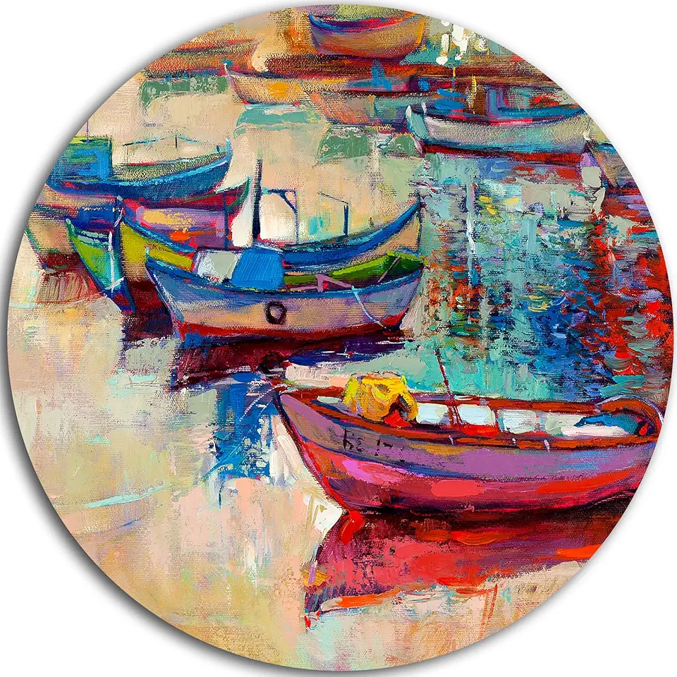 Designart Boats and Ocean Seascape Painting Circle Wall Art-Disc of 23 inch, 23'' H x 23'' W x 1'' D 1P, Green