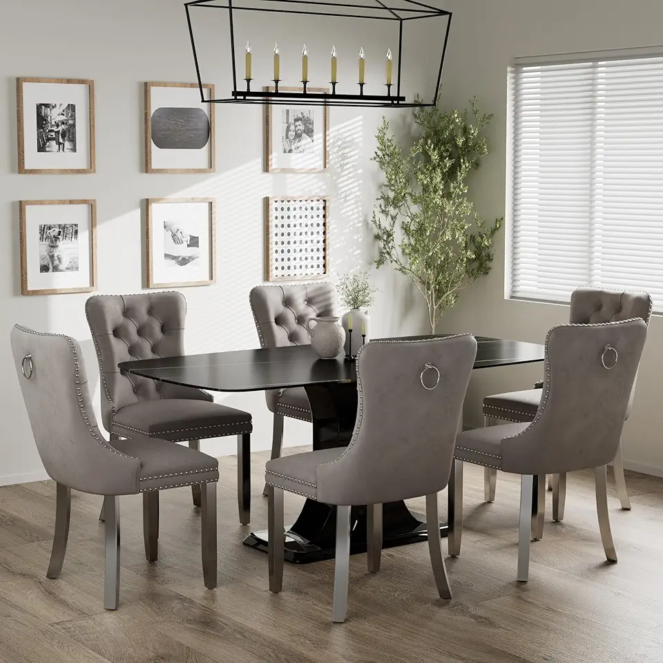 Baysitone Modern Luxury Dining Table Set for 6, 7 PCS Black Faux MarbleKitchen Table Set, 63'' Mid Century Rectangle Dinner Room Set, Gray High-end Tufted Chairs, for Large Apartment(Silver)