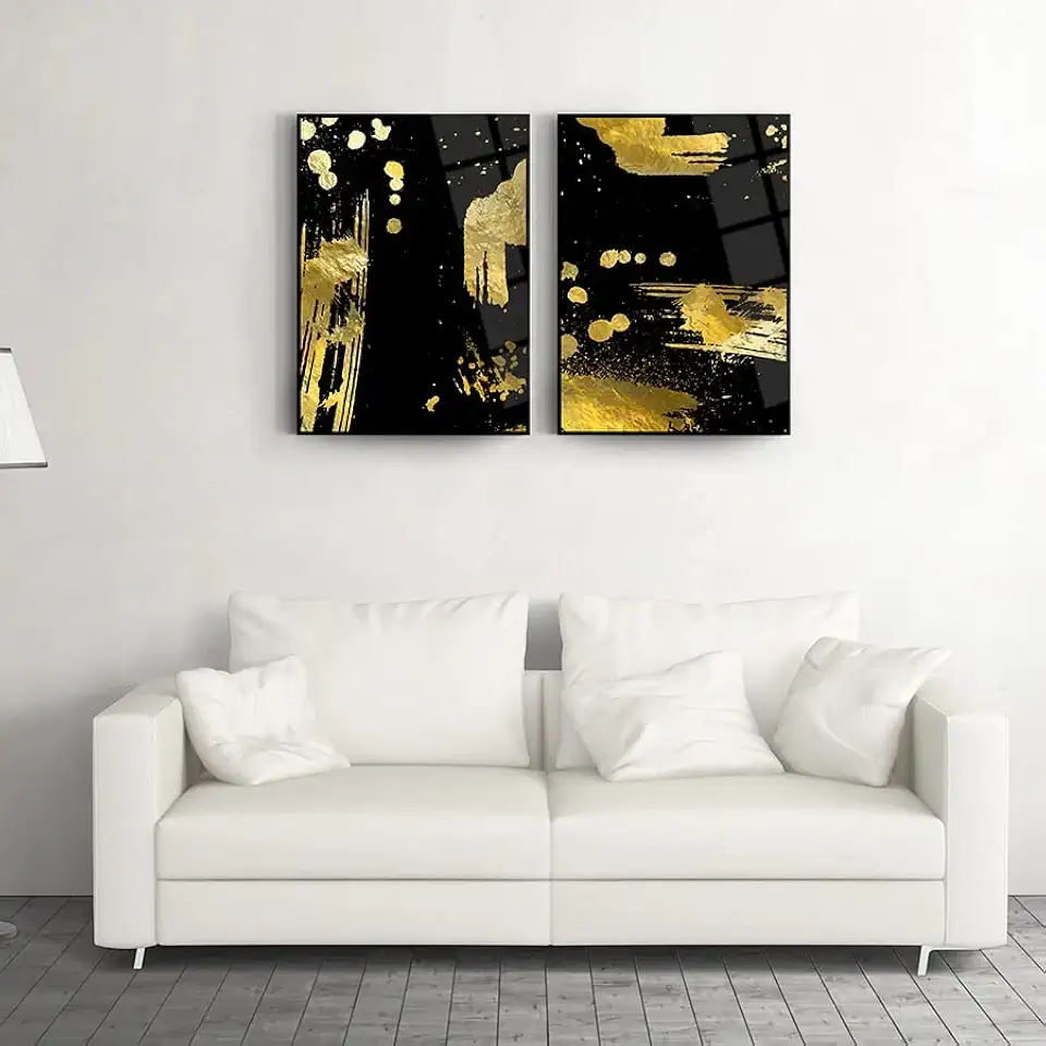 DEKADRON Gold Spots Set Of 2 Wall Decor, Glass Wall Art, Frameless Free Floating Tempered Glass Panel, Living Room Decoration (27.5”W x 39.3”H – 70x100cm Each Piece)