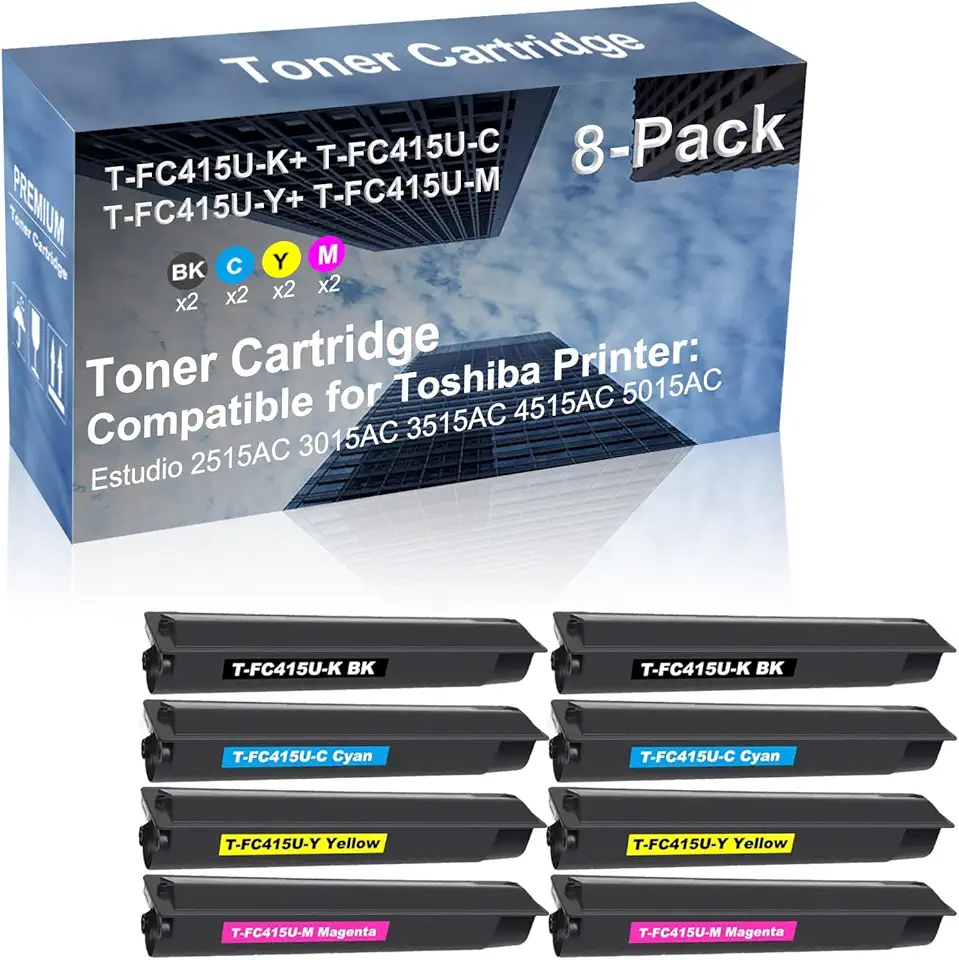 8-Pack (2BK+2C+2Y+2M) Compatible High Capacity T-FC415U-K+ T-FC415U-C+ T-FC415U-Y+ T-FC415U-M Toner Cartridge Used for Toshiba E-Studio 2515AC 3015AC 3515AC 4515AC 5015AC Printer
