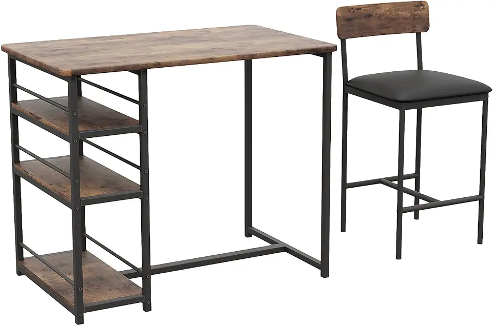 Dining Table Set for 2, Counter Height Bar Table with Stools and 3 Storage Shelves, 3 Piece Kitchen Table Set with PU Cushion Chairs and Thick Wood Top for Small Space, Apartment, Vintage