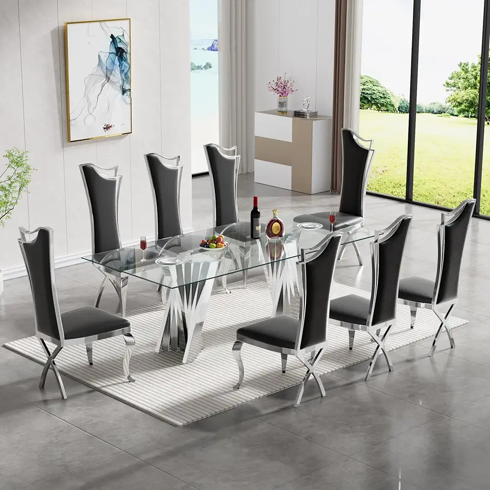 Pvillez Modern Dining Room Table Set for 8, 9 Piece Dining Table Set with 70
