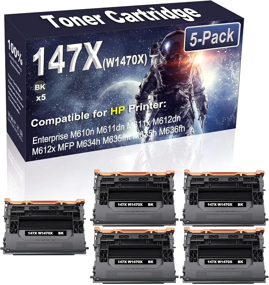 5-Pack Compatible High Capacity Enterprise M610n M611dn M611x M612dn M612x MFP M634h M635fht M635h M636fh with New Chip Replacement for HP 147X W1470X Printer Cartridge (Black)
