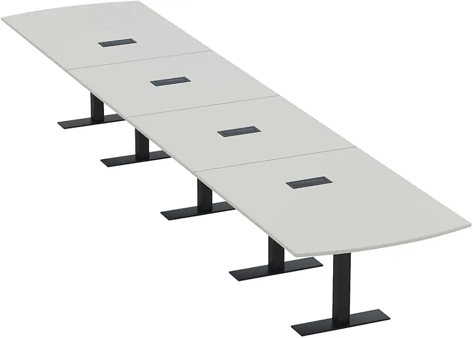 20 Person Arc Rectangle Conference Table with Power & Data | Matte Black Metal T-Bases | Harmony Series Modular Meeting Boardroom Tables for Offices, Conference Rooms, and Homes | Light Gray – 20ft