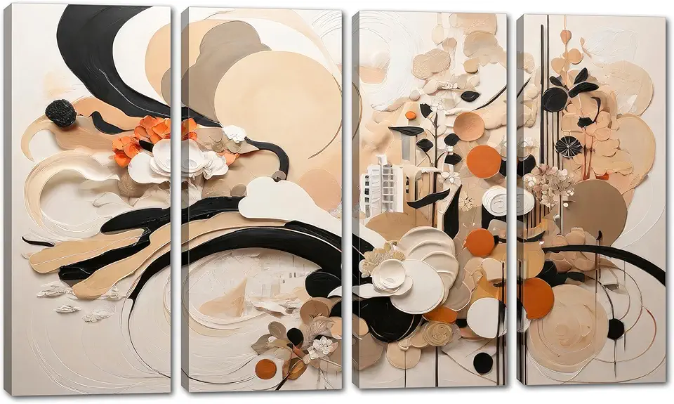 80 x 50 TOTAL - Japandi Wall Art Canvas Print flowing geometric shapes and circles, office art - 4 Panel Split