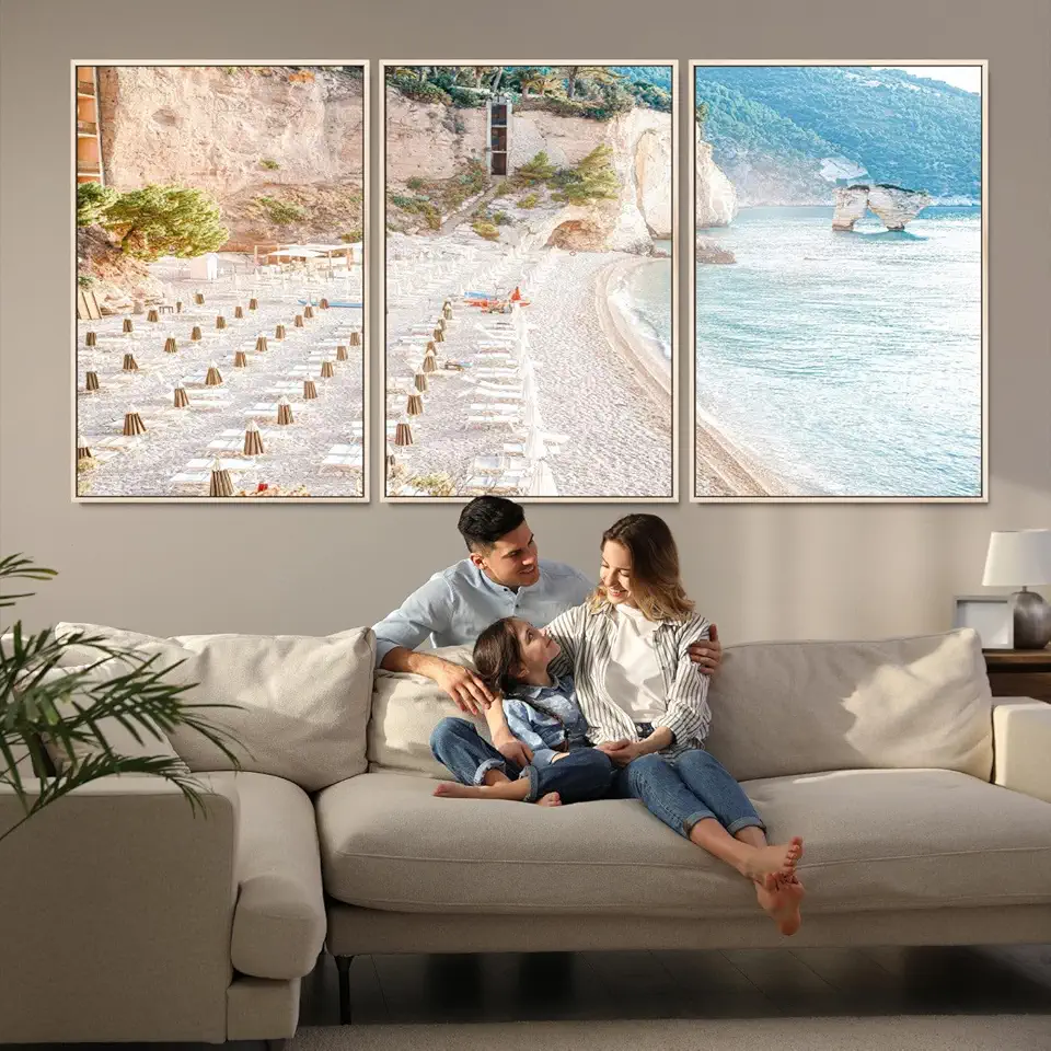 Beach Wall Art Canvas Print, Framed Coastal Art Picture Print, Summer Shore Perfect Coastal Decor 3 Panel Floating Frame/Natural / 90