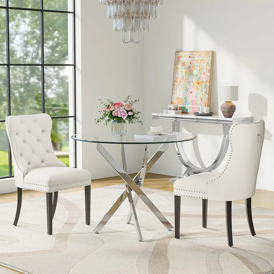 3-Piece Round Glass Dining Room Set, Modern Dining Table Set for 2 with 36