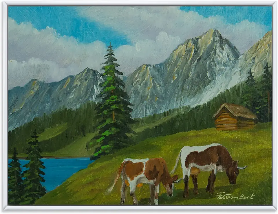 Mountain Landscape With Cows on A Green Meadow - Farmhouse Framed Canvas Wall Art Print
