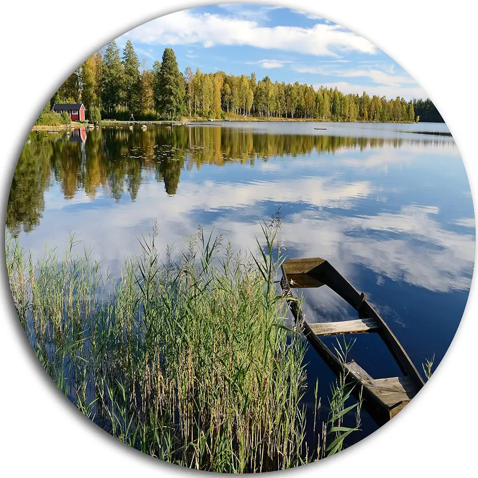 Designart Beautiful Swedish September Lake-Landscape Photo Large Metal Wall Art-Disc of 23, 23'' H x 23'' W x 1'' D 1P, Blue