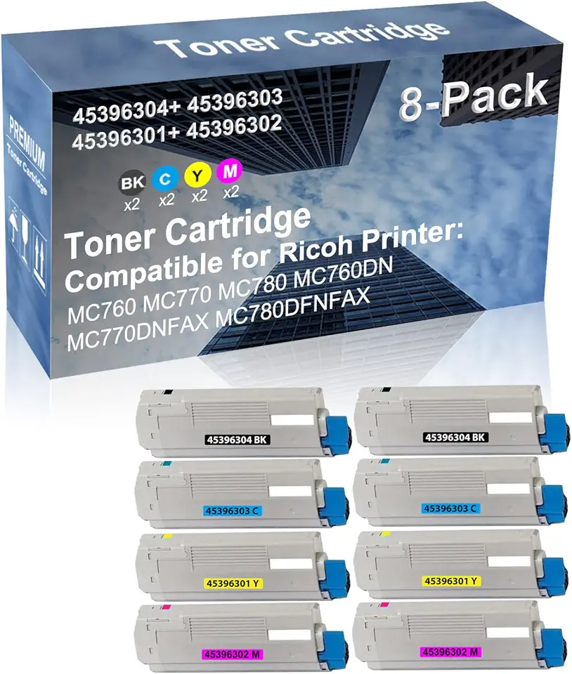 8-Pack (2BK+2C+2Y+2M) Compatible MC760 MC770 MC780 MC760DN MC770DNFAX MC780DFNFAX Printer Toner Cartridge High Capacity Replacement for 45396304+ 45396303+ 45396301+ 45396302 Toner Cartridge