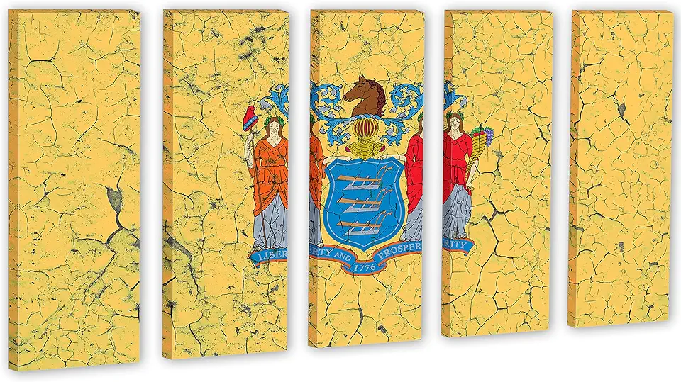 90 x 60 TOTAL - New Jersey Flag Canvas Print Wall Art crack effect 5 Panel Split. State Flag Home decor