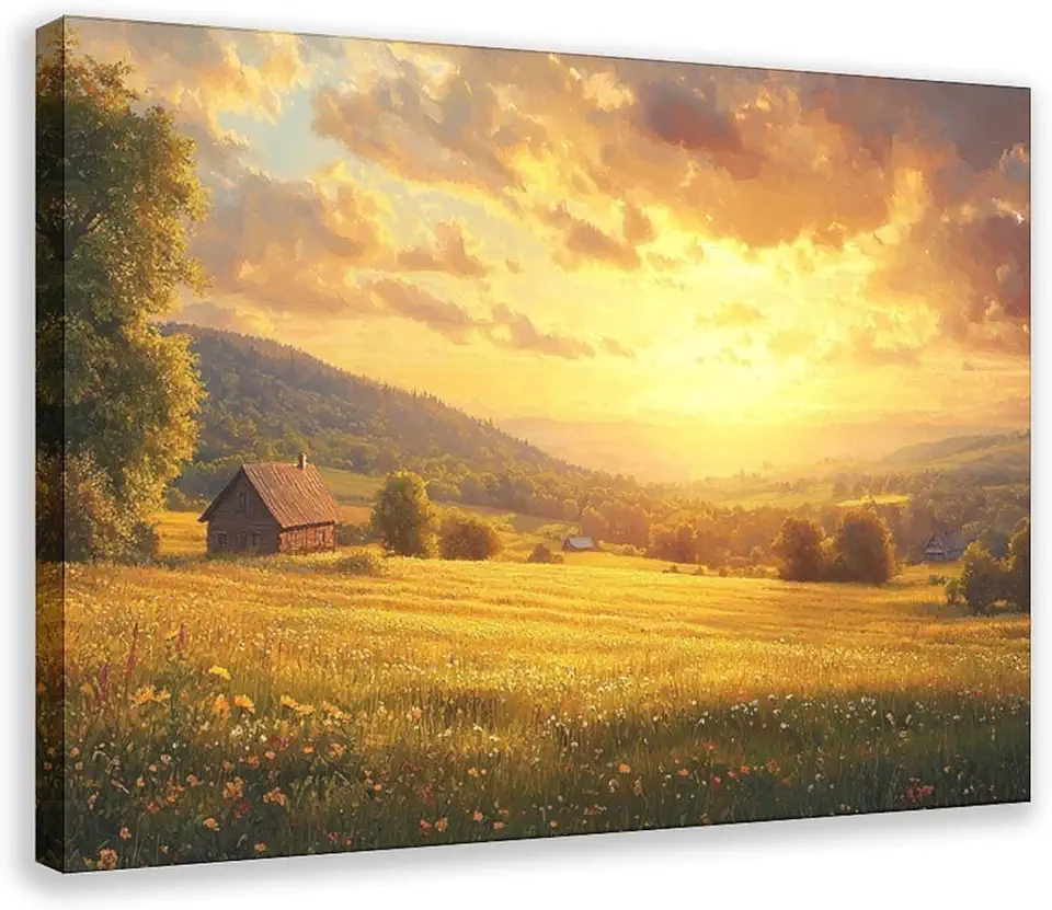 Warm Rural Landscape Wall Decor – Cozy Countryside Canvas Print – Sunset Field Artwork for Living Room Canvas Poster Wall Art Decor Print Picture Paintings for Living Room Bedroom Decoration Frame 20x