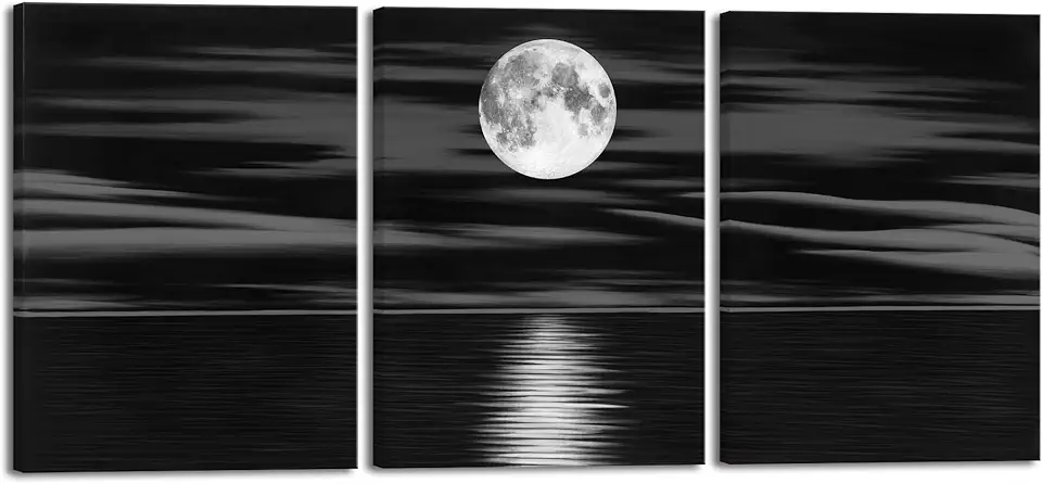 Wieco Art 3 Panel Sea White Full Moon in Night Canvas Print Wall Art Black and White Ocean Beach for Living Room Bedroom Kitchen Home Decorations Modern Abstract Artwork