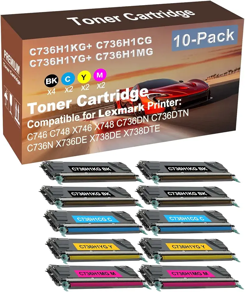 10-Pack (4BK+2C+2Y+2M) Compatible C736DN, C736DTN, C736N Printer Toner Cartridge High Capacity Replacement for C736H1KG+ C736H1CG+ C736H1YG+ C736H1MG Toner Cartridge