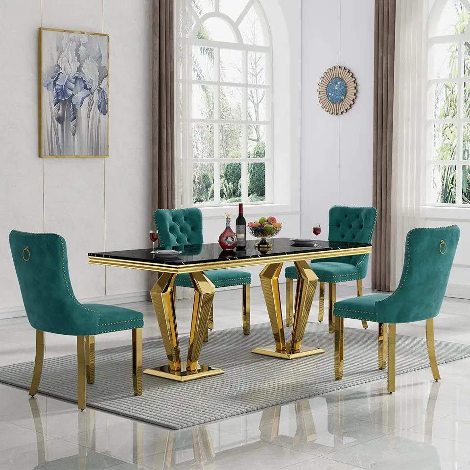 Black Marble Dining Table Set for 4, Modern Kitchen Dining Room Table Set for 4 with Green Velvet Chairs, 5 Piece Dining Table Set, 70