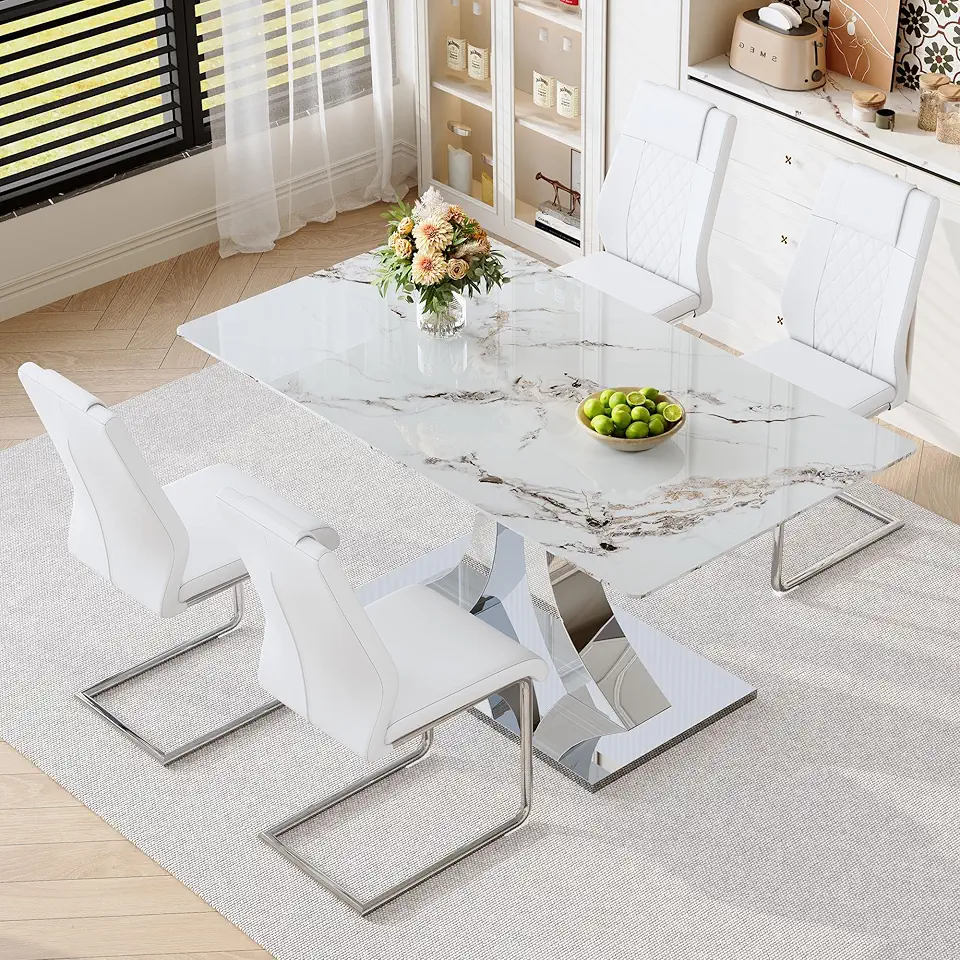 Modern Dining Table Set for 4, 63 Inch White Faux Marble Dining Room Table with Silver Leg, Rectangular Kitchen Table with 4 White Chairs for Kitchen Apartment Restaurant
