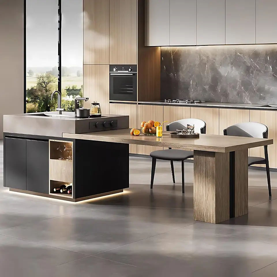 Kitchen Island - Kitchen Island with Extendable Dining Table Includes Solid Wood Retro Style,Pull-Out Cabinets with Wheels and Storage for 2-8 Person(No Chair 94.48IN)